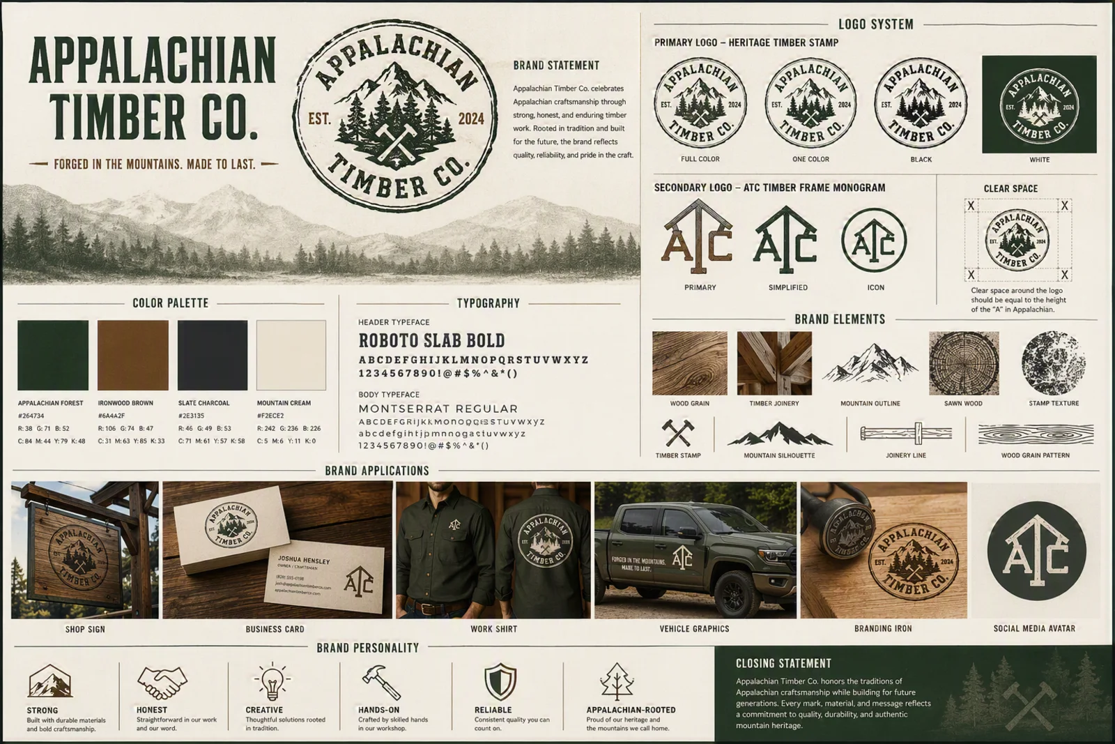 Appalachian Timber Co. full brand board: logo system, color palette, typography, brand elements, and applications