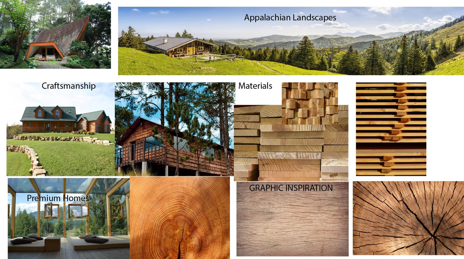 Appalachian Timber Co. moodboard of landscapes, timber homes, and wood textures