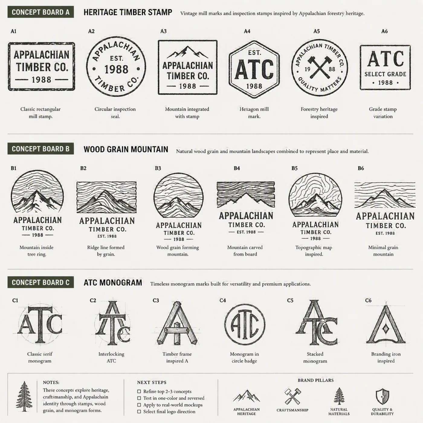 Round 1 concept boards: Heritage Timber Stamp, Wood Grain Mountain, and ATC Monogram directions
