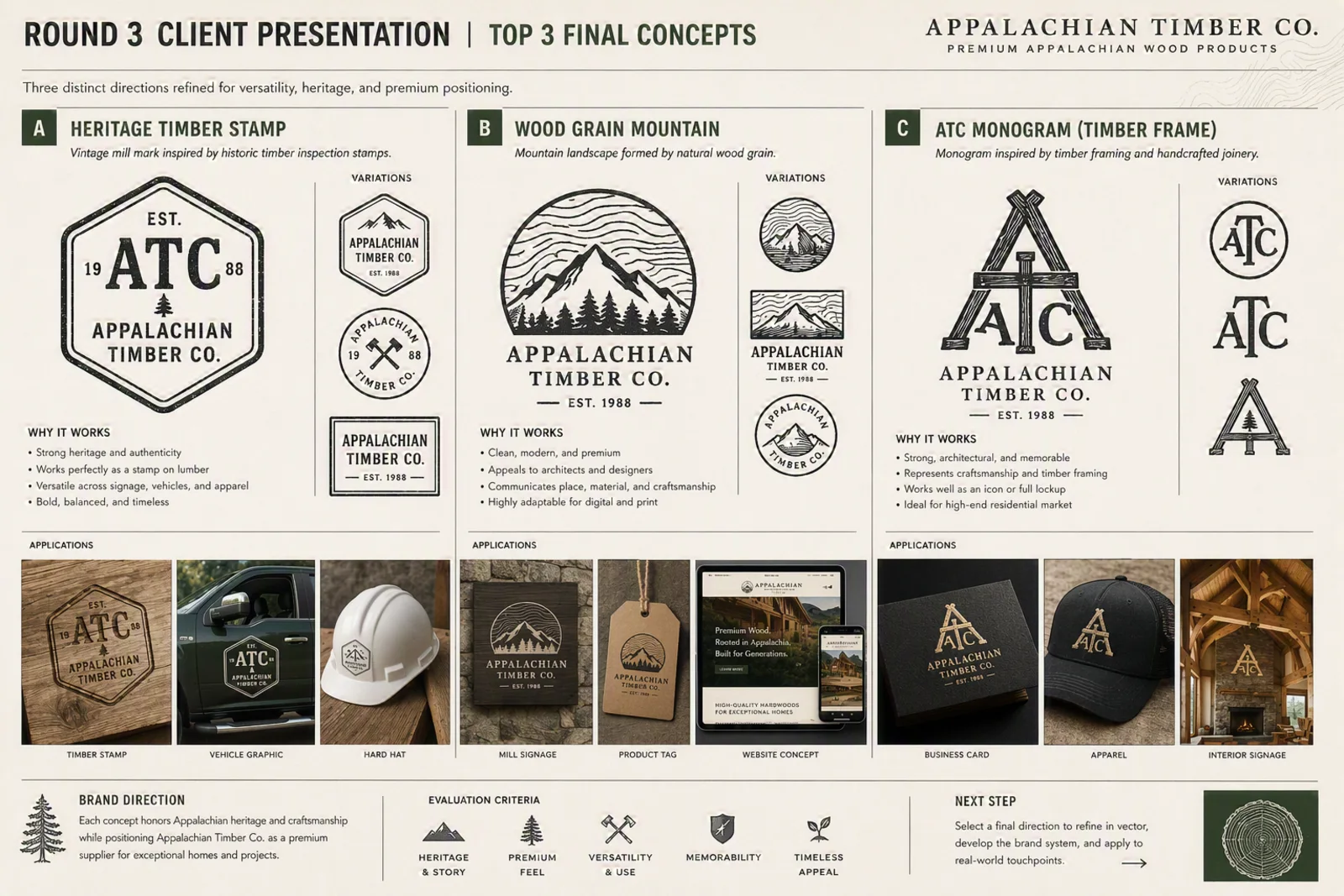 Round 3 client presentation of the top 3 final Appalachian Timber Co. logo concepts with real-world mockups