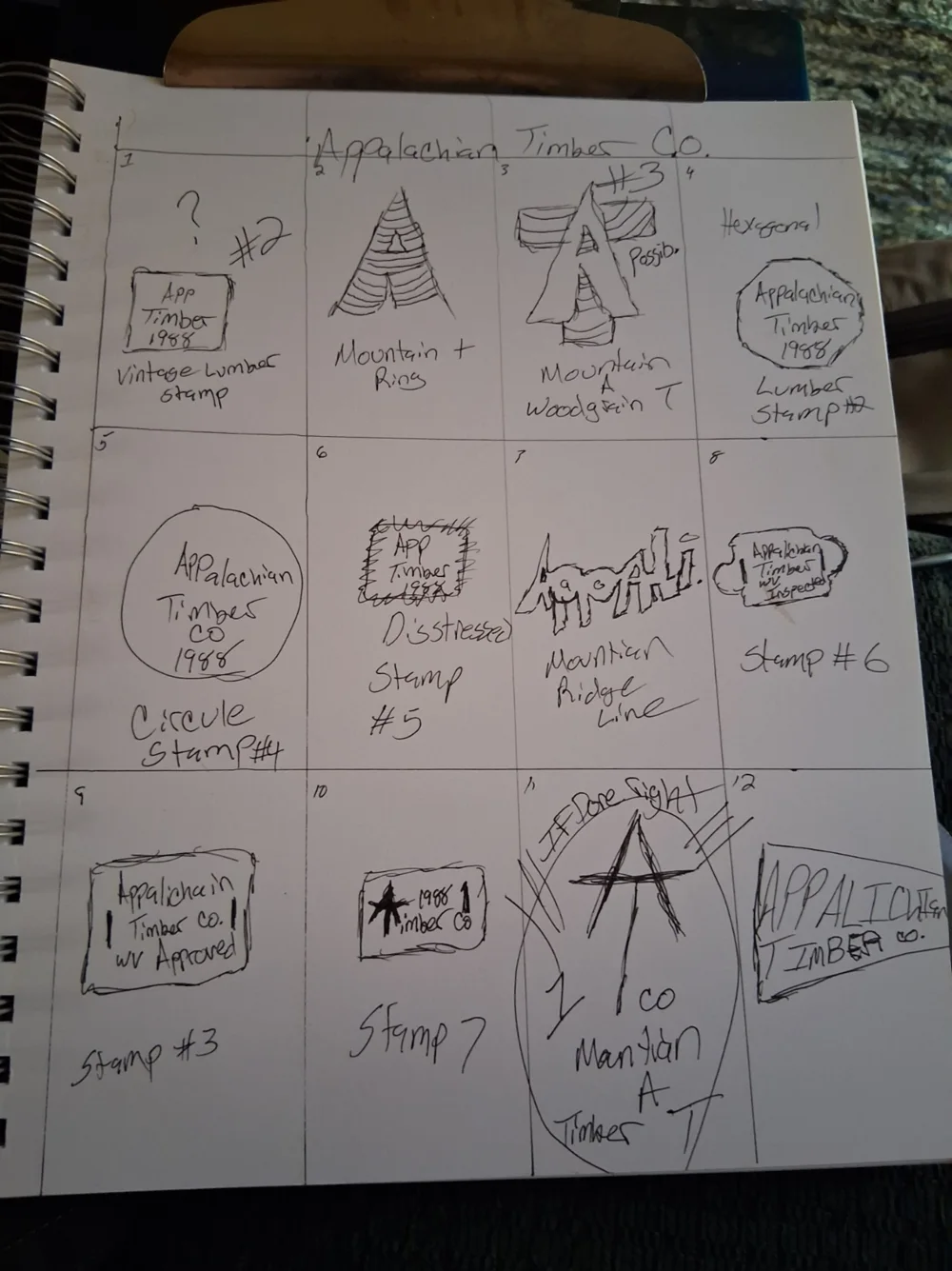 Hand-drawn sketchbook page of early Appalachian Timber Co. logo concepts